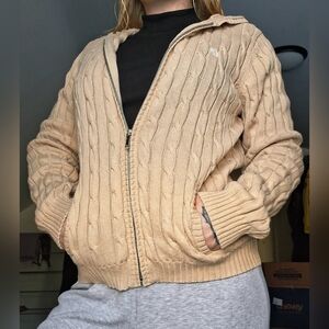 Chaps 100% Cotton Beige Cable Knit Zip Up Hoodie